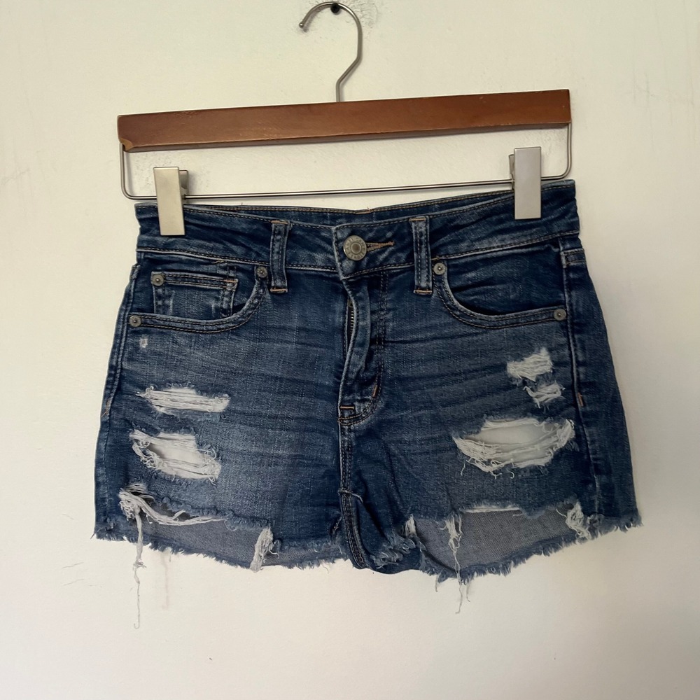 American Eagle Hi-Rise Shortie Distressed Denim Shorts Dark Wash Blue Size 0